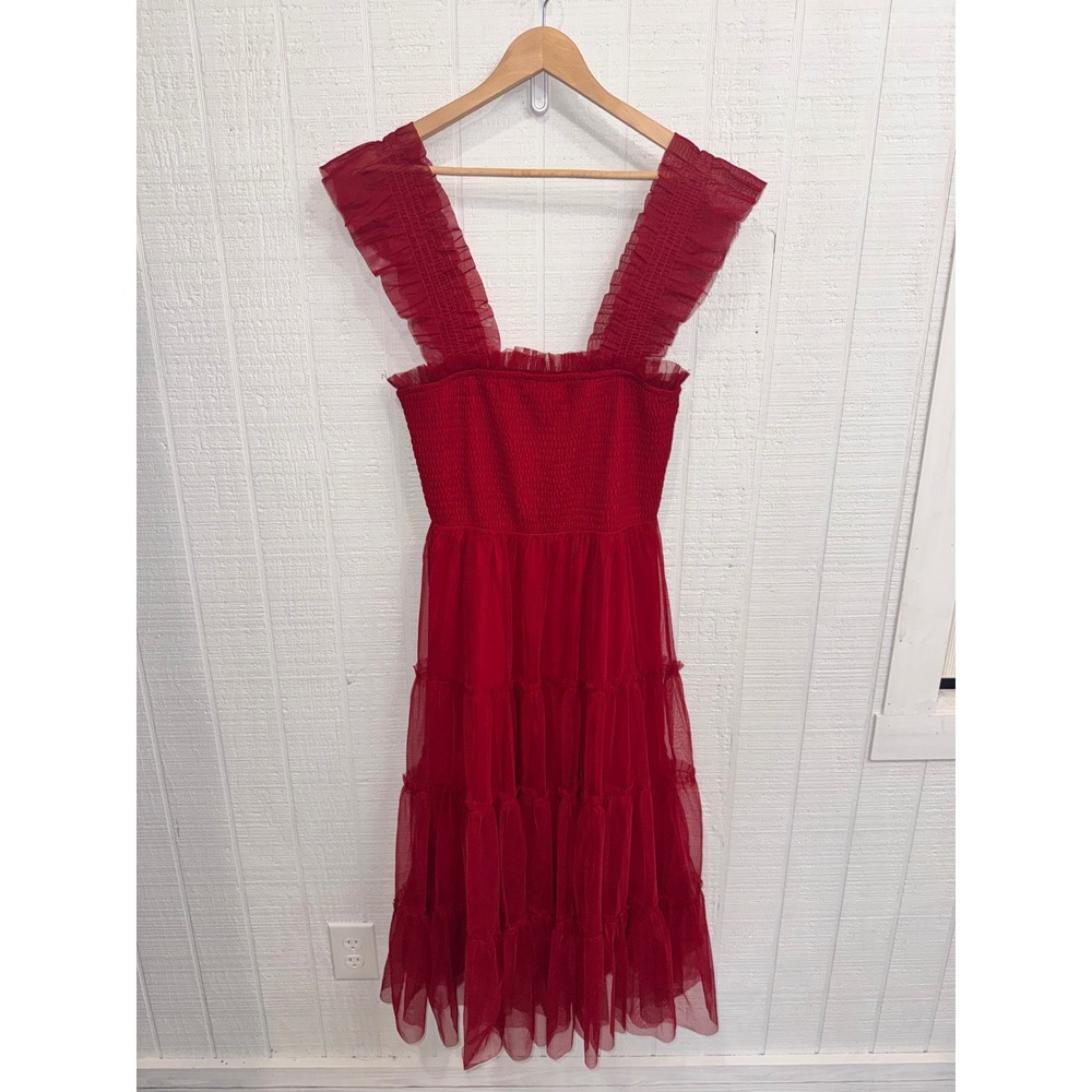 Baltic Born Tulle Midi Dress Women Red Smocked Tiered Ruffle Strap Medium
